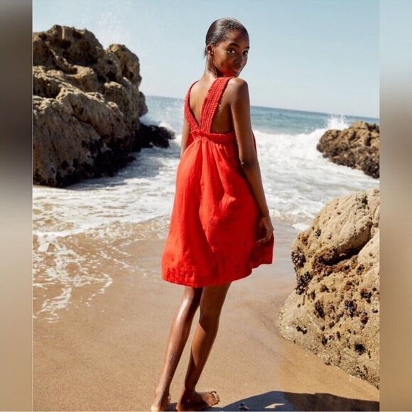 EVERLANE Smocked Linen Dress in Red Size Medium Adjustable Fit - Picture 11 of 11